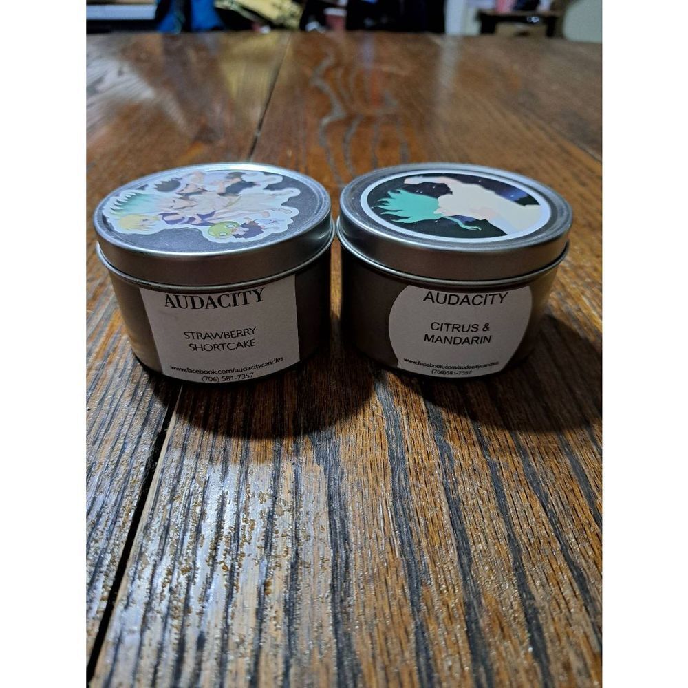 Lot 2 New Anime Hand Poured Sox Wax Candles in Tins Strawberry Mandarin Citrus